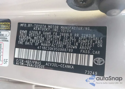 2005 Toyota Camry Le from USA, damaged, VIN 4T1BE30K95U988789